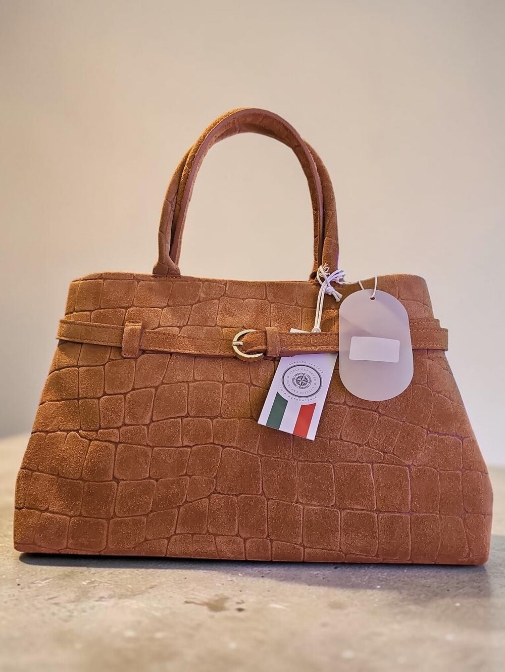 Suede Croc-Textured Satchel Handbag in Tan